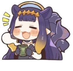  animal_ears breasts closed_eyes cup fang game_asset halo holding holding_cup hololive hololive_dreams hololive_english long_hair ninomae_ina'nis ninomae_ina'nis_(1st_costume) non-web_source open_mouth pointy_ears small_breasts tentacles transparent_background upper_body very_long_hair 