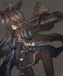  1girl absurdres ahoge aiming animal_ears assault_rifle atira18gou belt black_belt black_coat black_gloves black_hair black_pantyhose black_skirt black_vest blunt_ends coat ear_ornament ear_tag earrings furrowed_brow gloves gun hair_over_one_eye hem_peeking_out highres horse_ears horse_girl jewelry long_bangs long_hair long_sleeves manhattan_cafe_(umamusume) multicolored_hair necktie open_clothes open_coat pantyhose pleated_skirt rifle shirt single_earring skirt solo umamusume very_long_hair vest weapon white_hair white_shirt yellow_eyes yellow_necktie 