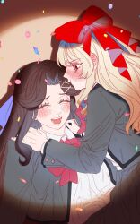  2girls :d ^_^ arms_at_sides blonde_hair blush bow brown_background brown_hair closed_eyes closed_mouth collared_shirt commentary_request confetti grey_jacket grey_skirt hair_bow hair_ornament hands_on_another's_shoulders hands_up highres jacket korean_commentary long_hair long_sleeves looking_at_another multiple_girls open_clothes open_jacket open_mouth parted_bangs pink_eyes pleated_skirt pout profile purple_bow red_bow saijo_claudine school_uniform seisho_music_academy_school_uniform semi_butai shadow shirt shoujo_kageki_revue_starlight sidelocks simple_background skirt smile spotlight tendo_maya upper_body wavy_hair white_shirt x_hair_ornament yuri 