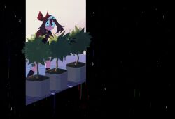  1girl bandana brown_hair glitch highres may_(pokemon) plant pokemon pokemon_ruby/sapphire/emerald potted_plant red_bandana red_shirt sea-beam shirt surprised tile_floor tiles 