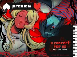  1girl 1other animal_ears antlers black_hair blonde_hair blue_skin closed_eyes colored_skin commentary deer_antlers deer_ears deer_girl deltarune english_commentary english_text furry furry_female goomyloid grand_piano heart highres horns instrument kris_(dark_world)_(deltarune) kris_(deltarune) long_hair monster_soul_(utdr) noelle_holiday noelle_holiday_(dark_world) parted_lips piano red_eyes red_soul_(utdr) rotational_symmetry short_hair soul_(utdr) thorns utdr_(toby_fox) 