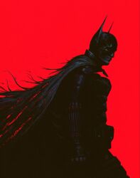  1boy bat_mask batman batman_(series) batman_symbol belt bodysuit dc_comics faznova highres male_focus multicolored_bodysuit multicolored_suit red_theme solo superhero_costume taut_bodysuit taut_clothes the_batman_(2022) two-tone_bodysuit two-tone_suit utility_belt 