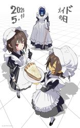  3others alternate_costume apron black_dress blue_hair blue_skin bonnet brown_hair chara_(undertale) closed_eyes closed_mouth colored_skin commentary deltarune dress enmaided food frisk_(undertale) gauntlets hair_between_eyes hand_on_own_hip highres holding holding_knife holding_plate holding_sword holding_weapon juliet_sleeves knife kris_(dark_world)_(deltarune) kris_(deltarune) lantern_madoyoi long_sleeves looking_at_viewer maid maid_day multiple_others open_mouth pie pie_slice plate puffy_sleeves red_eyes shadow shoes standing sword twitter_username undertale utdr_(toby_fox) weapon white_apron white_bonnet yellow_skin 