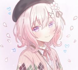  1girl alternate_costume beret black_hat brown_cardigan cardigan crossed_bangs falling_petals flower gradient_hair hair_between_eyes hair_flower hair_ornament hat hat_flower hat_ribbon heart highres looking_at_viewer mahou_shoujo_no_majo_saiban mano1341 multicolored_hair neck_ribbon petals pink_hair portrait red_ribbon ribbon sakuraba_ema short_hair simple_background smile solo violet_eyes white-framed_eyewear white_flower white_hair x_hair_ornament 