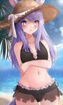  1girl :o alternate_costume animal_ears arm_at_side bangs bare_shoulders beach bikini black_bikini blue_sky blush breast_hold breasts bright_pupils brown_headwear clear_sky collarbone commentary_request day dot_nose eyelashes frilled_bikini frills hat horse_ears horse_girl horse_tail kotatsu_mikan_(kotatumika) long_hair looking_at_viewer mejiro_mcqueen_(umamusume) navel ocean open_mouth outdoors palm_tree purple_hair sidelocks sky solo standing stomach straw_hat sweat sweatdrop swimsuit tail tree umamusume violet_eyes water white_pupils 