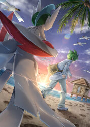  1boy absurdres aq_gohan bag beach brown_bag clouds commentary_request flying footprints from_behind gallade green_hair highres mega_gallade mega_pokemon palm_tree pants pokemon pokemon_(creature) pokemon_omega_ruby_and_alpha_sapphire shoulder_bag sunrise tree wally_(pokemon) white_pants wingull 