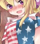  1girl :d american_flag_shirt blonde_hair blush close-up clownpiece hammer_(sunset_beach) hat jester_cap long_hair looking_at_viewer open_mouth small_breasts smile solo touhou very_long_hair violet_eyes wavy_hair wet wet_clothes 