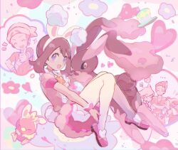  ... 2girls 3boys :d animal_ear_hairband animal_ears blue_eyes blush_stickers brendan_(pokemon) brown_hair commentary_request dress fake_animal_ears fake_tail flower grant_(pokemon) hairband hat heart highres long_hair looking_at_viewer lopunny may_(pokemon) may_(spring_2021)_(pokemon) multiple_boys multiple_girls official_alternate_costume open_mouth pantyhose pink_dress pink_shoes pokemon pokemon_(creature) pokemon_masters_ex puffy_short_sleeves puffy_sleeves rabbit_ear_hairband rabbit_ears rabbit_tail roxanne_(pokemon) shirt shoes short_hair short_sleeves smile steven_stone sweatdrop tail thumbs_up tirutiru_bee torchic unworn_hat unworn_headwear white_hat 