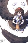  1girl black_hair black_skirt black_wings blurry breasts camera dated depth_of_field feathered_wings feathers hakuro109 hat highres holding_camera legs_up looking_to_the_side pointy_ears red_eyes ribbon shameimaru_aya shiny shiny_clothes shiny_hair shirt short_hair short_sleeves signature simple_background skirt smile solo spread_wings tokin_hat touhou white_background white_shirt wings 