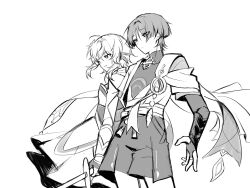  1boy 1girl ahoge arm_cutout armor arms_at_sides blunt_ends bodysuit bow bridal_gauntlets closed_mouth clothing_cutout covered_collarbone cowboy_shot detached_sleeves dress eyelashes feather_hair_ornament feathers fingerless_gloves flower furisode gem genshin_impact gloves greyscale hair_flower hair_intakes hair_ornament hakama hakama_shorts highres holding holding_sword holding_weapon japanese_armor japanese_clothes juban kimono kote layered_sleeves looking_to_the_side lumine_(genshin_impact) middle_ring monochrome open_clothes open_hand open_kimono pleated_shorts pom_pom_(clothes) pyong_deog sash scaramouche_(genshin_impact) scarf short_hair short_hair_with_long_locks short_sleeves shorts shoulder_peek side-by-side side_cape sidelocks single_bare_shoulder smile sword tassel tsurime turtleneck turtleneck_bodysuit vambraces vision_(genshin_impact) wanderer_(genshin_impact) weapon white_background wispy_bangs 