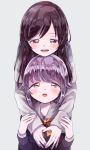  2girls brown_eyes brown_hair hug hug_from_behind idolmaster idolmaster_cinderella_girls koshimizu_sachiko long_hair multiple_girls nitta_minami open_mouth purple_hair south_(monookibako) yuri 