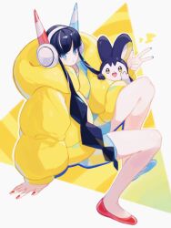  1girl black_hair blue_eyes blue_nails coat dress elesa_(pokemon) emolga harumomo_(@harumomo123456) headphones highres legs long_sidelocks looking_at_viewer pokemon pokemon_(creature) pokemon_black_2_and_white_2 pokemon_focus red_nails sidelocks solo white_background yellow_coat 