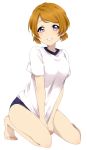  1girl barefoot blush breasts brown_hair gym_uniform highres koizumi_hanayo looking_at_viewer love_live!_school_idol_project sekina shirt_pull short_hair simple_background smile solo v_arms violet_eyes white_background 