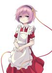  1girl alternate_costume apron arai_togami bangs dress enmaided frown hairband heart highres komeiji_satori maid pink_eyes pink_hair short_hair short_sleeves simple_background solo standing third_eye touhou white_background 