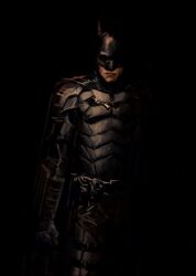  1boy absurdres bat_mask batman batman_(series) belt black_background black_eyeliner bodysuit cinnamonpepsi dc_comics eyeliner grey_bodysuit highres makeup male_focus multicolored_bodysuit multicolored_suit simple_background solo superhero_costume taut_bodysuit taut_clothes the_batman_(2022) two-tone_bodysuit two-tone_suit utility_belt 