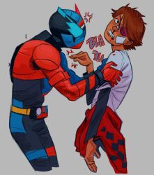 2boys anger_vein animification banjou_ryuuga blood brown_hair bruise bruised_eye clenched_hand commentary cropped_legs english_commentary from_side grey_background hand_up holding_another's_arm injury kamen_rider kamen_rider_build kamen_rider_build_(rabbittank_form) kamen_rider_build_(series) layered_sleeves male_focus multiple_boys nosebleed one_eye_closed rabiscosrian short_hair simple_background