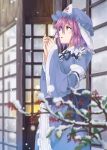  1girl blue_dress blurry branch breath chromatic_aberration dress hands_together hat highres japanese_clothes long_sleeves looking_up mob_cap mumyuu open_mouth purple_hair ribbon saigyouji_yuyuko sash short_hair snow snowing solo touhou triangular_headpiece veil violet_eyes wide_sleeves 