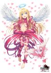  1girl angel_wings arm_ribbon arrow blonde_hair blue_eyes bow bow_(weapon) breasts brooch grand_harem halo heart jewelry leg_ribbon long_hair naked_ribbon navel outstretched_arms pokachu ribbon solo under_boob very_long_hair weapon wings 
