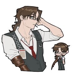  1boy arm_tattoo arthropod_limbs black_vest brown_hair cigarette collared_shirt commentary commentary_request glasses gregor_(project_moon) highres korean_commentary leummeul limbus_company low_ponytail necktie ponytail project_moon red_necktie semi-rimless_eyewear shirt simple_background solo tattoo vest white_background white_shirt 