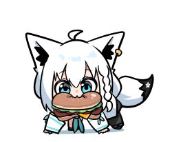  1girl :3 ahoge all_fours animal_ear_piercing animal_ears biting black_shorts blue_eyes blue_neckerchief braid burger cheese chibi chibi_only commentary_request detached_sleeves earrings food food_in_mouth fox_ears fox_girl fox_tail full_body highres hololive jewelry kumarang lettuce looking_at_viewer mouth_hold neckerchief shirakami_fubuki shirakami_fubuki_(1st_costume) shirt shorts simple_background single_earring solo tail tomato tomato_slice virtual_youtuber white_background white_hair white_shirt 