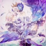 1boy 1girl armor armored_dress bare_shoulders blue_eyes couple crown dress feathers gloves gwendolyn head_wings hetero long_hair nesu_(nsm888) odin_sphere oswald red_eyes short_hair strapless strapless_dress white_hair wings 