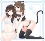  2girls :d alternate_costume animal_ears arm_holding bangs bare_shoulders bell bell_choker black_gloves black_hair black_legwear black_panties blue_eyes border brown_hair cat_cutout cat_ears cat_keyhole_bra cat_lingerie cat_tail choker choukai_(kantai_collection) closed_mouth fake_animal_ears fang frills glasses gloves hair_ornament hairband hairclip hand_in_hair hand_on_another&#039;s_shoulder highres jingle_bell kantai_collection kneeling lace long_hair looking_at_another maya_(kantai_collection) multiple_girls navel no_shoes open_mouth panties paw_print red_eyes rimless_glasses short_hair side-tie_panties sitting smile stomach strap_slip string_panties tail thigh-highs thigh_gap underwear underwear_only white_background white_gloves white_panties x_hair_ornament yukichi_(sukiyaki39) 
