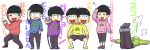  6+boys ;d ai_(bousou_chou) black_hair brothers fallen_down hand_in_pocket heart heart_in_mouth hood hoodie male_focus matsuno_choromatsu matsuno_ichimatsu matsuno_juushimatsu matsuno_karamatsu matsuno_osomatsu matsuno_todomatsu multiple_boys one_eye_closed open_mouth osomatsu-kun osomatsu-san pants pants_rolled_up sextuplets siblings simple_background single_vertical_stripe sleeves_past_wrists slippers smile track_pants white_background 