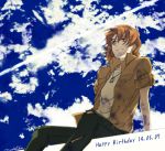  1boy arm_support brown_eyes brown_hair clouds dated denim fading happy_birthday jeans jewelry kasugai_koyo machi_fuka male_focus necklace pants short_hair signature sitting sky sleeves_rolled_up smile solo soukyuu_no_fafner torn_clothes torn_jeans 