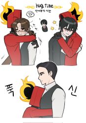  ! 1other 3boys black_coat black_eyes black_hair black_shirt black_vest blush brown_hair chain clock coat collared_shirt commentary commentary_request cropped_torso dante_(limbus_company) english_text fire flower glasses gregor_(project_moon) highres hug korean_commentary korean_text leummeul limbus_company low_ponytail meursault_(project_moon) multiple_boys mutual_hug object_head ponytail project_moon red_coat semi-rimless_eyewear shirt short_hair simple_background smile sweat vest white_background white_shirt yi_sang_(project_moon) 