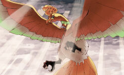  absurdres amanonon beak bird bird_tail clouds cloudy_sky flying highres ho-oh no_humans orange_wings pokemon pokemon_(creature) pokemon_focus pokemon_gold/silver/crystal red_eyes sky tail talons wings 