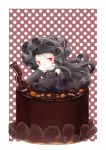  black_hair chibi chocolate_cake detached_sleeves enemy_aircraft_(kantai_collection) gothic_lolita hairband hinata_yuu horns isolated_island_oni kantai_collection lolita_fashion lolita_hairband long_hair looking_at_viewer red_eyes shinkaisei-kan sitting smile solo white_skin 