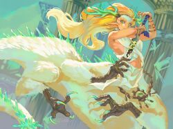  1girl blonde_hair chimera colored_extremities dr_altruist dragon_ears dragon_girl dragon_horns dragon_tail green_eyes highres holding holding_sword holding_weapon horn_ornament horns long_hair pointy_ears princess_zelda scales solo sword tail talons the_legend_of_zelda the_legend_of_zelda:_tears_of_the_kingdom very_long_hair weapon 