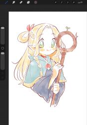  1girl art_program_in_frame blonde_hair blue_capelet blue_robe blush braid capelet choker closed_mouth dungeon_meshi elf green_eyes hair_ribbon half_updo highres holding holding_staff long_hair marcille_donato nilomochi parted_bangs pointy_ears red_choker red_ribbon ribbon robe side_braid smile solo sprout staff white_background 