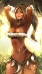  1girl abs absurdres armpits arms_up bangs breasts cleavage cowboy_shot dark_skin facial_mark forehead_jewel green_eyes hands_in_hair highres large_breasts league_of_legends loincloth long_hair navel nidalee parted_bangs seuyan smile solo strapless sweat thighs tribal tubetop 