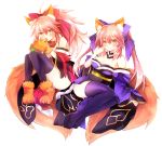  2girls animal_ears bare_shoulders bell bell_collar blue_legwear bow breasts carrot caster_(fate/extra) cleavage collar detached_sleeves eru_(948143) fate/extra fate/grand_order fate_(series) food food_in_mouth fox_ears fox_tail hair_bow hair_ribbon japanese_clothes large_breasts long_hair looking_at_viewer multiple_girls pink_hair ribbon simple_background tail tamamo_cat_(fate/grand_order) thigh-highs twintails white_background yellow_eyes 