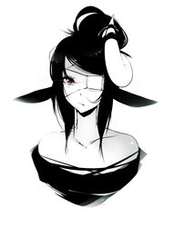  1girl :/ animal_ears eyepatch horns monochrome neck red_eyes sheep sheep_ears sheep_girl sheep_horns single_horn sticky_(stickysheep) teardrop tearing_up tears 