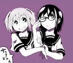  2girls adjusting_glasses black_hair commentary_request glasses looking_at_another multiple_girls multiple_monochrome open_mouth purple school_uniform serafuku short_sleeves short_twintails smile source_request translation_request twintails upper_body white_hair yadoya 