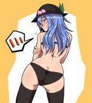  1girl ass back black_bra black_legwear black_panties blue_hair blush bra flying_sweatdrops food from_behind fruit hat hinanawi_tenshi looking_back midori_niku panties peach red_eyes skindentation solo spoken_blush touhou underwear 