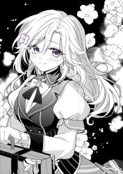  1girl annerica bilingual_commentary black_background bow bowtie closed_mouth collared_shirt commentary flower frilled_shirt_collar frills genshin_impact hair_between_eyes hair_ornament highres holding holding_suitcase light_blush long_hair long_sleeves looking_at_viewer mixed-language_commentary parted_bangs shirt signature skirt smile solo spot_color suitcase twitter_username vest violet_eyes zeitlind_(genshin_impact) 