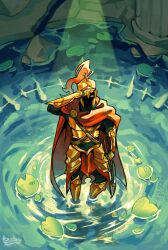  1boy animification arm_at_side armor artist_name bokeywazhere breastplate cape commentary corinthian_helmet d3rlord3 english_commentary full_body gold_armor helmet highres lily_pad looking_up male_focus pickaxe pillar red_cape rubble searching_for_a_world_that_doesn't_exist shading_eyes solo spotlight wading water yellow_eyes 