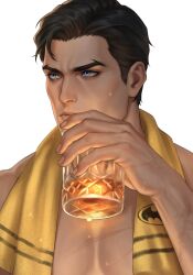  1boy alcohol batman_(series) black_hair blue_eyes bruce_wayne cup dc_comics drink drinking_glass fortnite highres leonavvitck male_focus muscular muscular_male simple_background solo sweat towel upper_body white_background wine wine_glass 