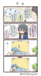  1boy 3girls 4koma ahoge artist_name black_hair blanket blue_hair comic commentary_request computer cup drinking_glass facebook gloom_(expression) green_hair hair_down hat jitome laptop lifting_covers line_(naver) lying multiple_girls on_stomach personification red_eyes sailor_hat sigh sweatdrop translation_request tsukigi twitter twitter_username yellow_eyes 