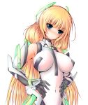  1girl aki_nasubi angela_balzac blonde_hair blue_eyes blush breasts covered_navel elbow_gloves gloves hands_on_hips headgear highres long_hair looking_at_viewer low_twintails rakuen_tsuihou simple_background smile solo twintails white_background 