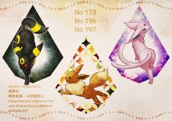  black_fur blue_eyes brown_fur closed_mouth creature eevee espeon forehead_jewel forked_tail full_body no_humans open_mouth pink_fur pokedex_number pokemon pokemon_(creature) pokemon_focus red_eyes rukashio tail twitter_username umbreon violet_eyes 