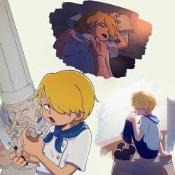  2boys beard blonde_facial_hair blonde_hair braid braided_beard braided_mustache chef chef_hat curly_eyebrows facial_hair fatherly goatee hat highres long_mustache multiple_boys mustache old old_man one_piece red-leg_zeff sanji_(one_piece) smokee_q tied_beard very_long_mustache 
