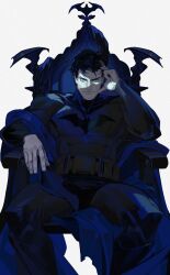  1boy batman batman_(series) batman_symbol belt black_hair blue_eyes bodysuit bruce_wayne dc_comics grey_bodysuit highres male_focus multicolored_bodysuit multicolored_suit on_throne solo superhero_costume taut_bodysuit taut_clothes throne two-tone_bodysuit two-tone_suit utility_belt white-corner 