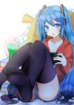  1girl absurdres black_legwear blue_eyes blue_hair book cushion drink drinking_straw hair_ornament hairclip handheld_game_console hatsune_miku highres kazenoko long_hair looking_at_viewer open_mouth playstation_portable shorts sitting solo thigh-highs twintails very_long_hair vocaloid 
