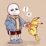  ! 1boy anger_vein fighting hood hoodie ketchup_bottle lowres mamaito pikachu pokemon pokemon_(anime) pokemon_(creature) sans skeleton slippers spoken_anger_vein spoken_exclamation_mark struggling undertale 
