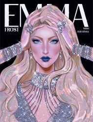  1girl blonde_hair blue_eyes blue_eyeshadow blue_lips bracelet character_name close-up commentary cover cover_page earrings emma_frost english_commentary english_text eyeliner eyeshadow hands_on_own_head highres jewelry lipstick long_hair looking_at_viewer makeup marvel missamethysa multiple_bracelets multiple_rings ring sparkle sparkling_aura very_long_hair wavy_hair x-men 