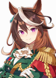  aiguillette animal_ears ascot blush brown_hair buttons cape closed_mouth commentary_request double-breasted epaulettes gloves green_jacket hair_between_eyes horse_ears horse_girl jacket jewelry long_hair long_sleeves looking_at_viewer mauve medal multicolored_hair red_cape side_cape simple_background single_epaulette smile streaked_hair symboli_rudolf_(emperor's_path)_(umamusume) symboli_rudolf_(umamusume) umamusume upper_body violet_eyes white_ascot white_background white_gloves white_hair 
